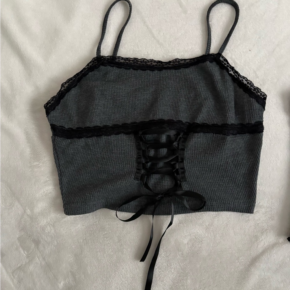 Gray Lace-Up Crop Top with Black Lace Trim